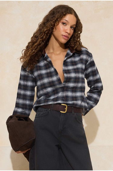 Brown Plaid Collar Corded Fabric Oversized Mold Flannel Shirt
