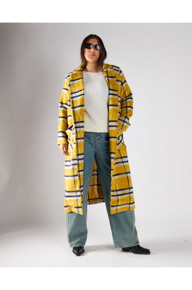 Glamorous Curve Yellow Check Open-Front Coat