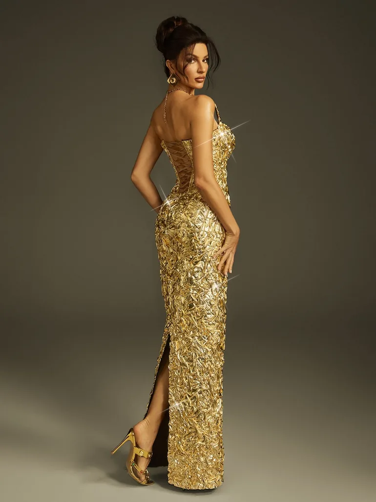 slim fit dress slacks Gold Sequin Evening Gown with High Split