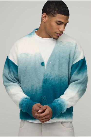Relaxed Boxy Ombre Knitted Cardigan - forest