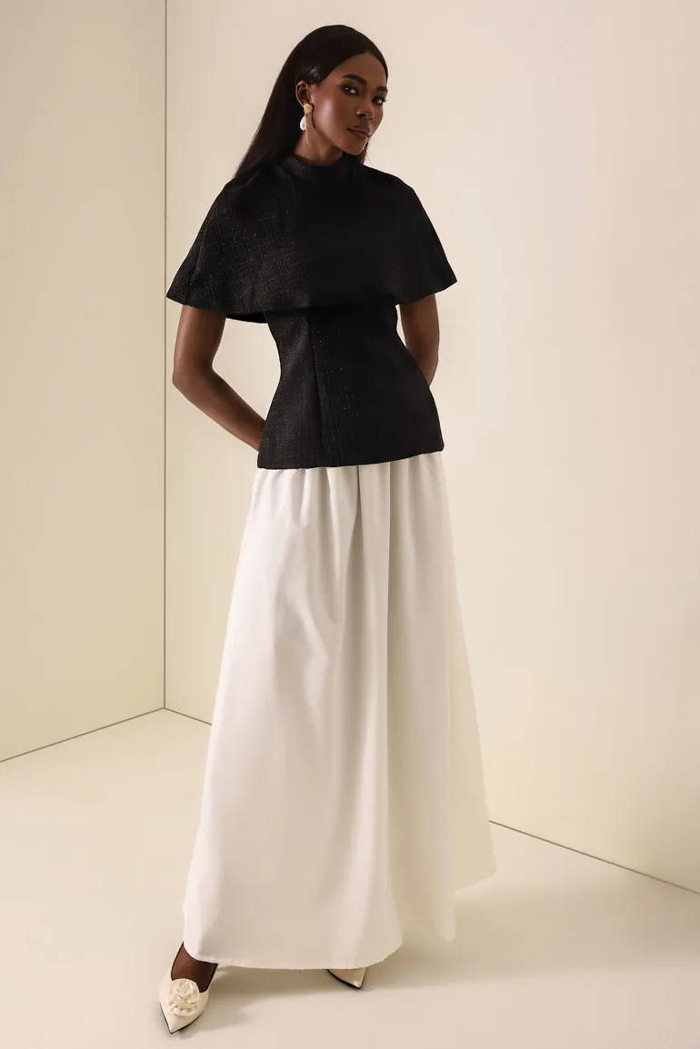 Tweed High Neck Strapless Top With Cape & High Waist Midi Skirt Set - 4