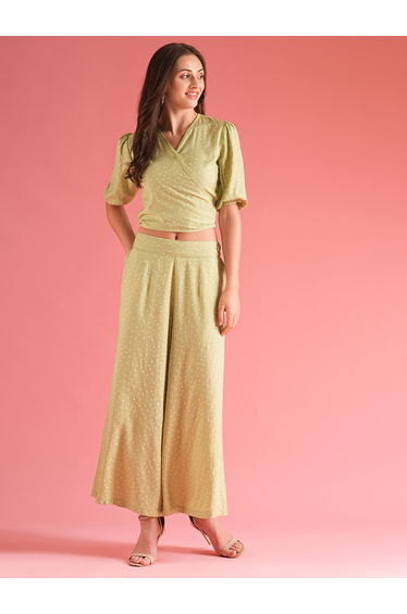 Women Green Polka Dot Print Wrap Tie Back Top and Palazzos Co-Ords