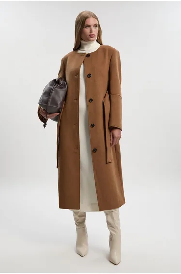 Brushed Wool Single Breasted Belted Tailored Maxi Coat