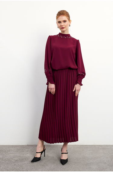 Valeria Skirt and Blouse Set - Burgundy