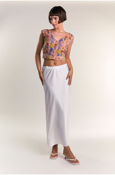 Glamorous Pink Orange Flower Pattern Tie Back V-Neck Crop Blouse