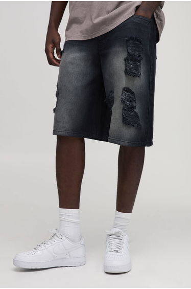 Extreme Baggy Ripped Denim Shorts - washed black