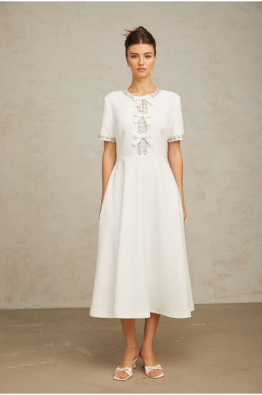 Cassiopeia crystal-accented bow midi dress in White