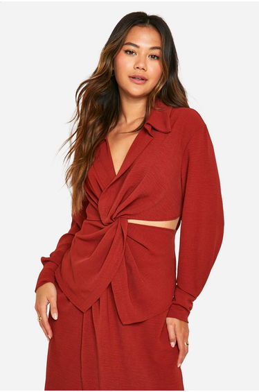 Hammered Cut Out Waist Longline Shirt - spice