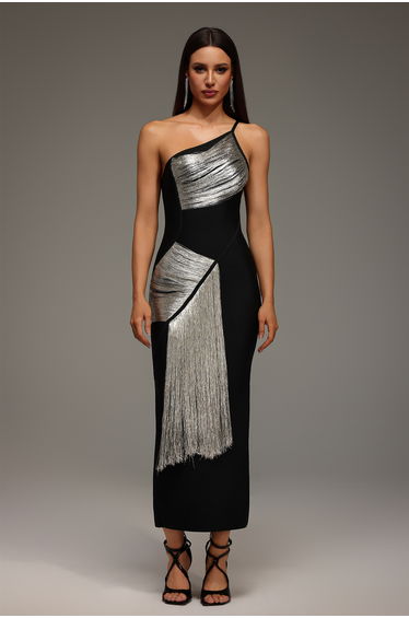 Roanna One Shoulder Sleeveless Tassels Bandage Maxi Dress