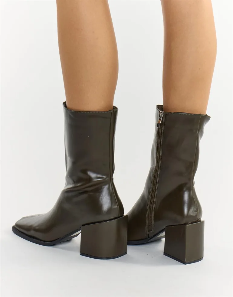 Olive Square Toe Block Heel Ankle Boots - 1