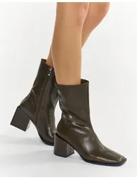 Olive Square Toe Block Heel Ankle Boots