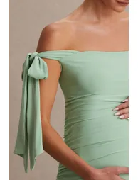 Chandelier | Light Green Bardot Maternity Midi Dress With Bow Details - 3