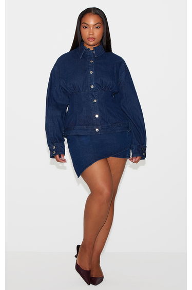 Plus Indigo Asymmetric Layered Panel Denim Mini Skirt