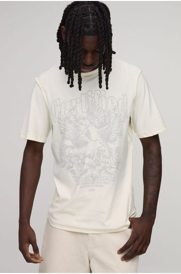 Ecru Regular Fit Exposed Seam Dove Print T-shirt - ecru