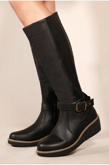 AYLEEN WEDGE HEEL KNEE HIGH BOOTS WITH ELASTIC PANEL IN BLACK