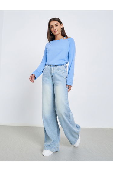 Blue Long Sleeve Cutout Shoulder T-Shirt