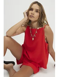 Red Linen Blend Tank And Shorts Set - 1