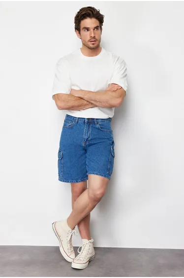 Men's Blue Regular Fit Cargo Pocket Denim Shorts