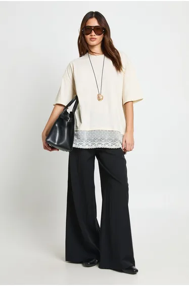 Oversized T-shirt with Lace Hem Trim - ecru