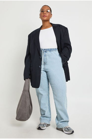 Plus Elasticated Drawstring Waist Wide Leg Jeans - acid wash light blue