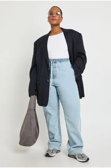 Plus Elasticated Drawstring Waist Wide Leg Jeans - acid wash light blue