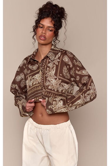 Brown Multi Print Cropped Shirt