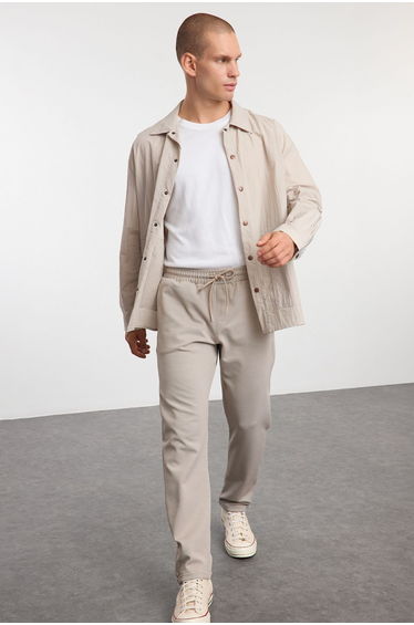 Beige Regular Fit Knitted Flexible Comfortable Fabric Trousers