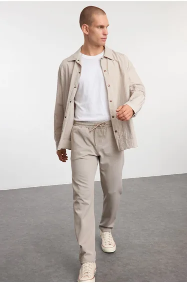 Beige Regular Fit Knitted Flexible Comfortable Fabric Trousers