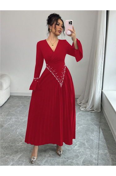 Women Faux Pearl Embellished Pleated Maxi Dress