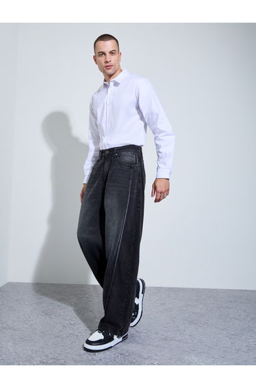 Men Black Panelled Baggy Fit Jeans