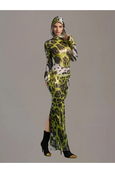 Fulgurix Hooded Animal Printed Sequin Maxi Dress