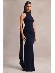 فستان ماكسي بياقة عالية بثنيات - كحلي - 3