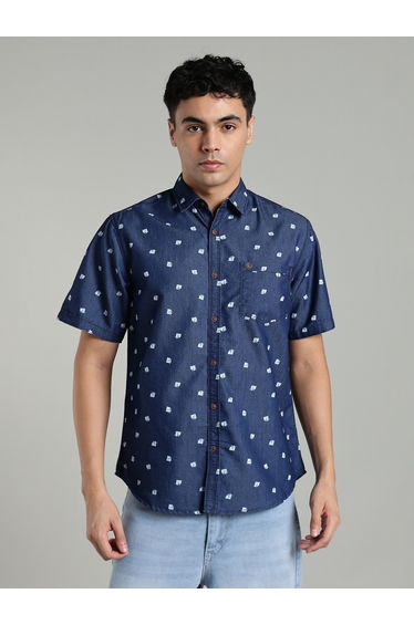 Men Blue Denim Print Short Sleeve Shirt