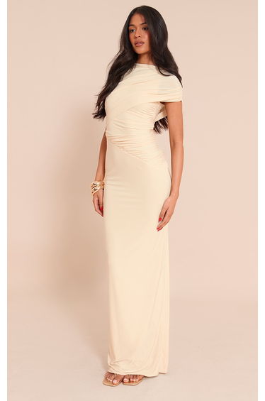 Tall Almond Double Layer Slinky Off Shoulder Drape Maxi Dress