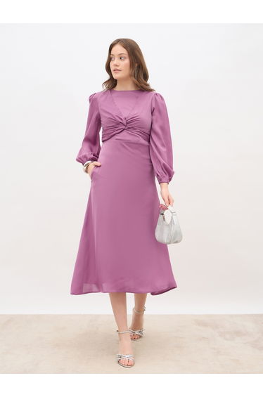 Women Pink Plain Satin Knot Front Balloon Sleeves A-Line Midi Dress