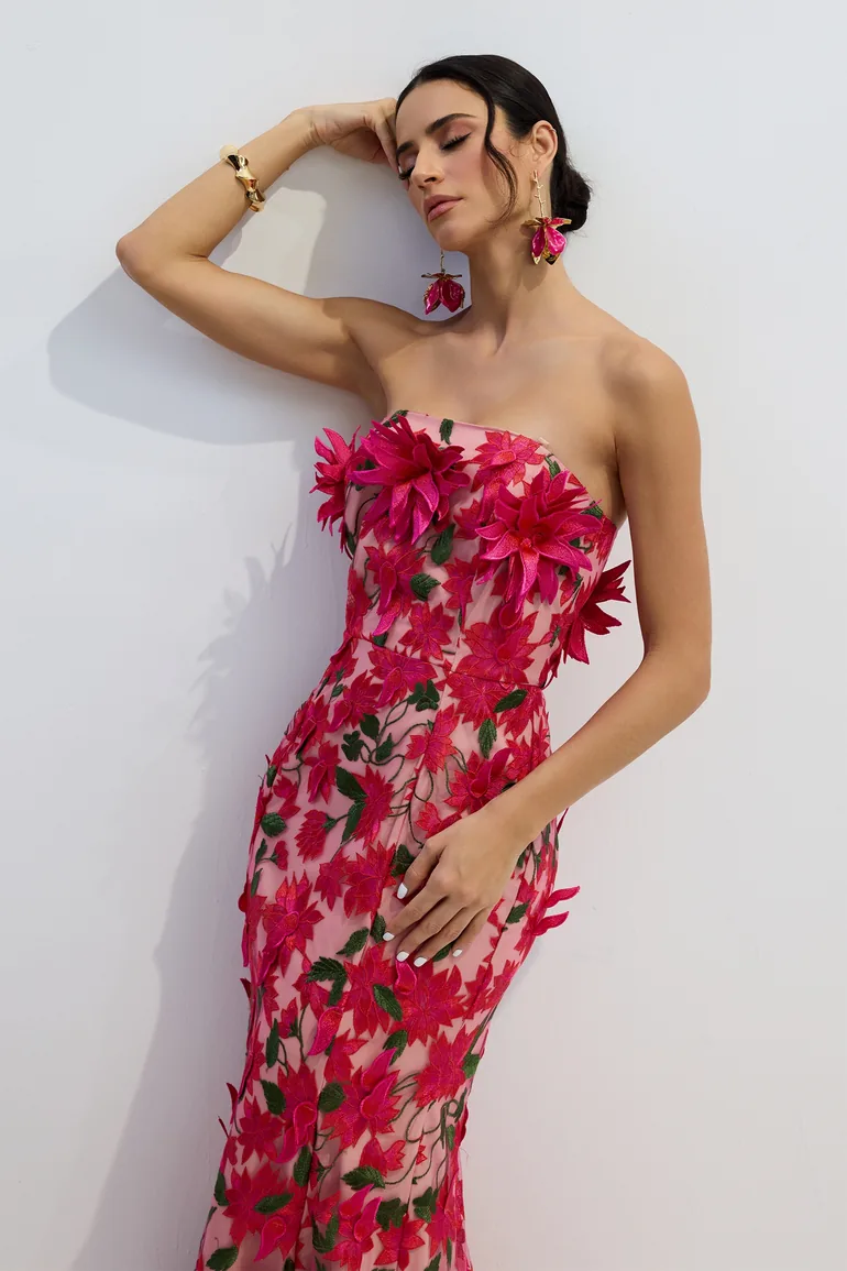 Gloria Floral Embroidery Strapless Maxi Dress - 2