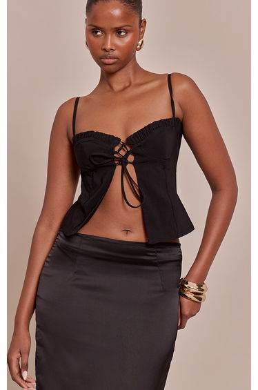 Black Stretch Woven Lace Up Ruched Bust Top