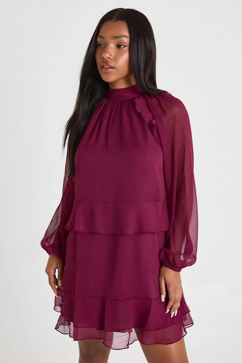 burgundy smock dress Chiffon Ruffle Smock Dress