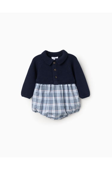 Dual-fabric checked jumpsuit in cotton B&S for newborn boys, blue