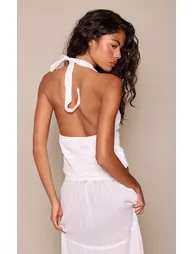 White Sequin Detail Halterneck Cotton Top Co-ord - 2