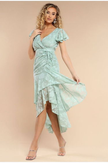 Goddiva Jacquard Chiffon Wrap High Low Midaxi Dress