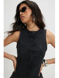 Black Stretch Denim Sleeveless Waistcoat - 2