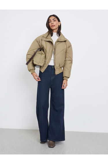 Khaki Plain Regular Fit Short Length Padded Jacket
