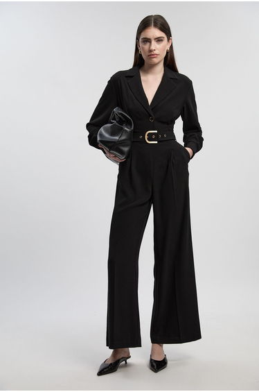 Tailored Crepe Belted Wide Leg Jumpsuit