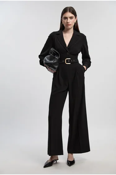 Tailored Crepe Belted Wide Leg Jumpsuit
