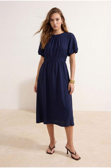 Navy Blue Plain A-Line Balloon Sleeve Midi Woven Dress