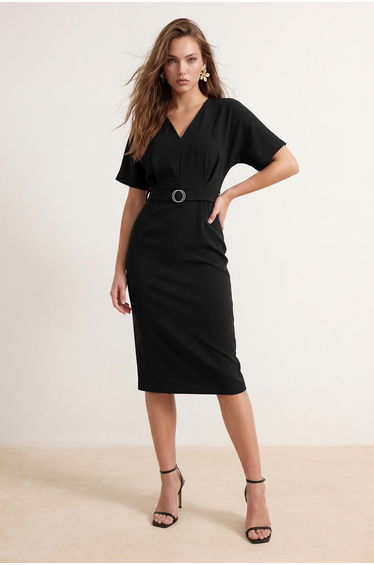 Black Plain Midi Woven Dress