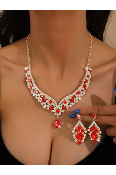 2-Piece Embellished Rhinestone Pendant Necklace and Earrings Jewelry Set