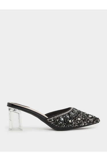 Black Embellished Transparent Heel Mules