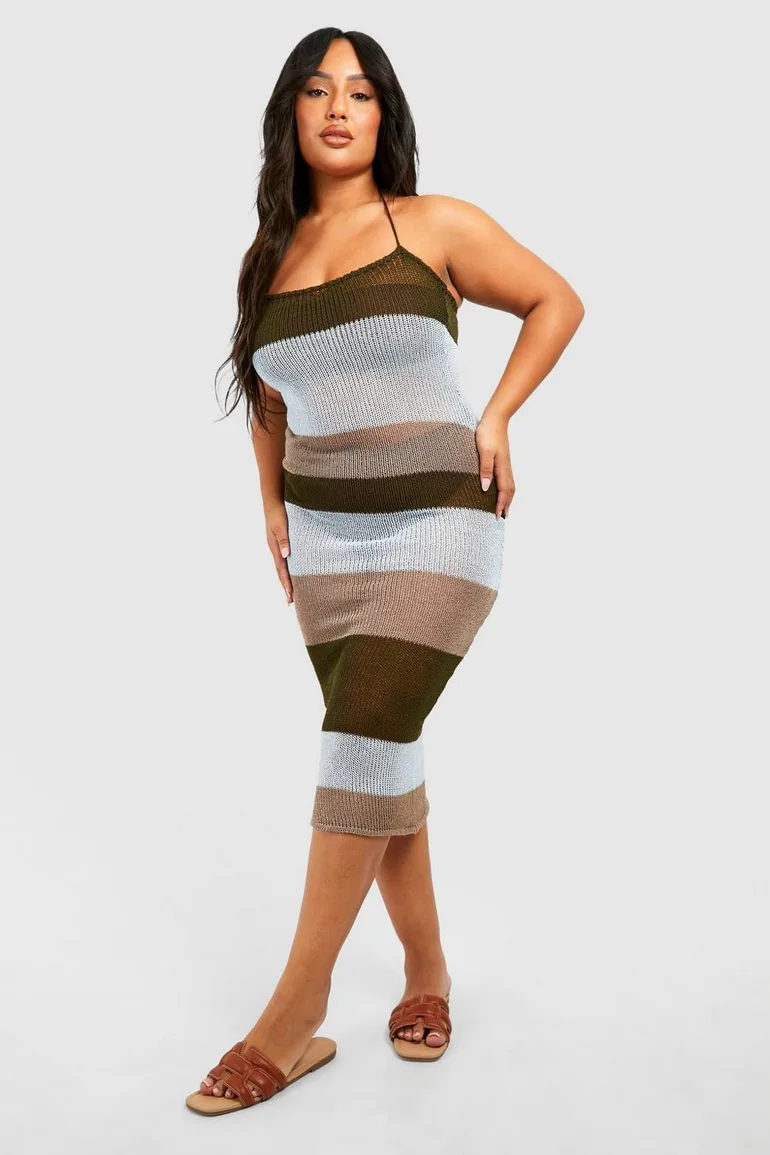 Shop Plus Crochet Stripped Midaxi Beach Dress - khaki Online in Kuwait Shop Plus Crochet Stripped Midaxi Beach Dress - khaki Online in Kuwait
